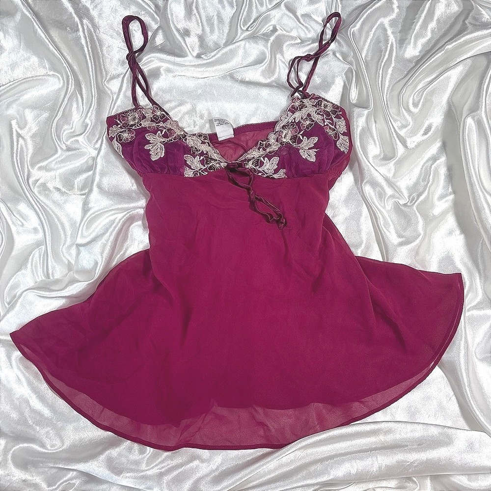 y2k Babydoll Chemise Magenta Excellent Floral Embroidery Sheer Mesh L